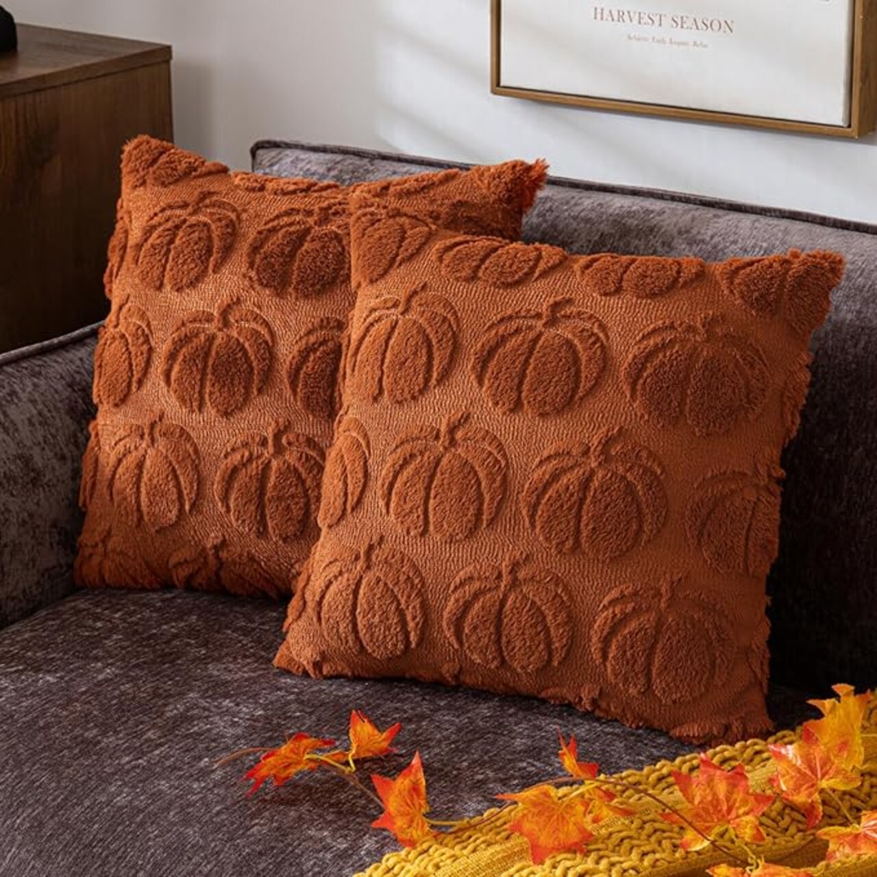 Pumpkin Fall Decorative Throw Pillow Covers 18"x18", Set of 2 Rust Red Soft Faux Fur Pillow Covers for Autumn Harvest, Fluffy Plush Accent Pillow Cases for Farmhouse Couch Cushion Covers.